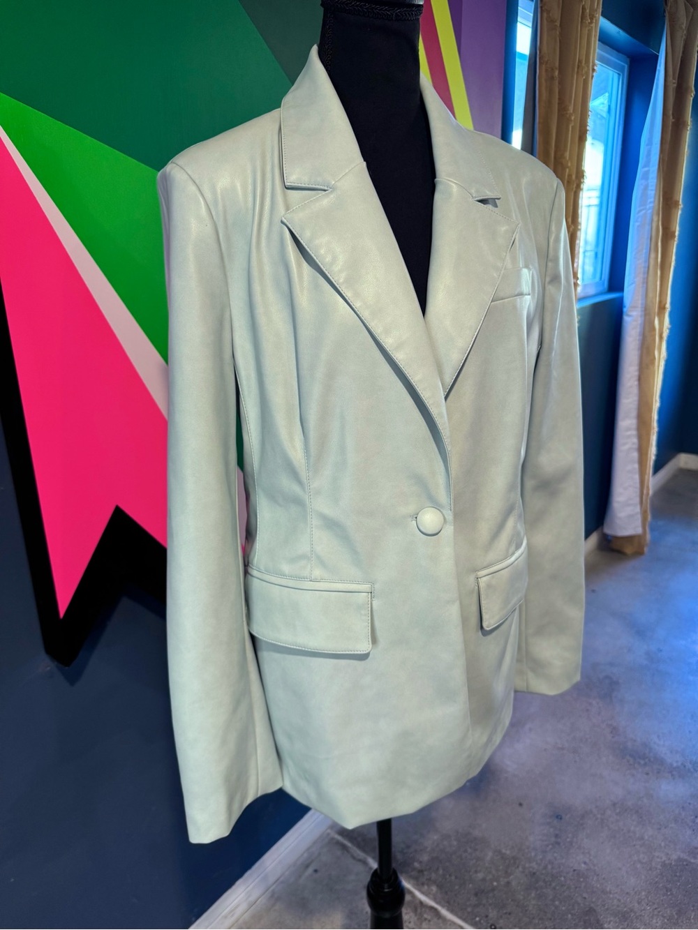 Avec Les Filles Light Blue Faux Leather Blazer Jacket